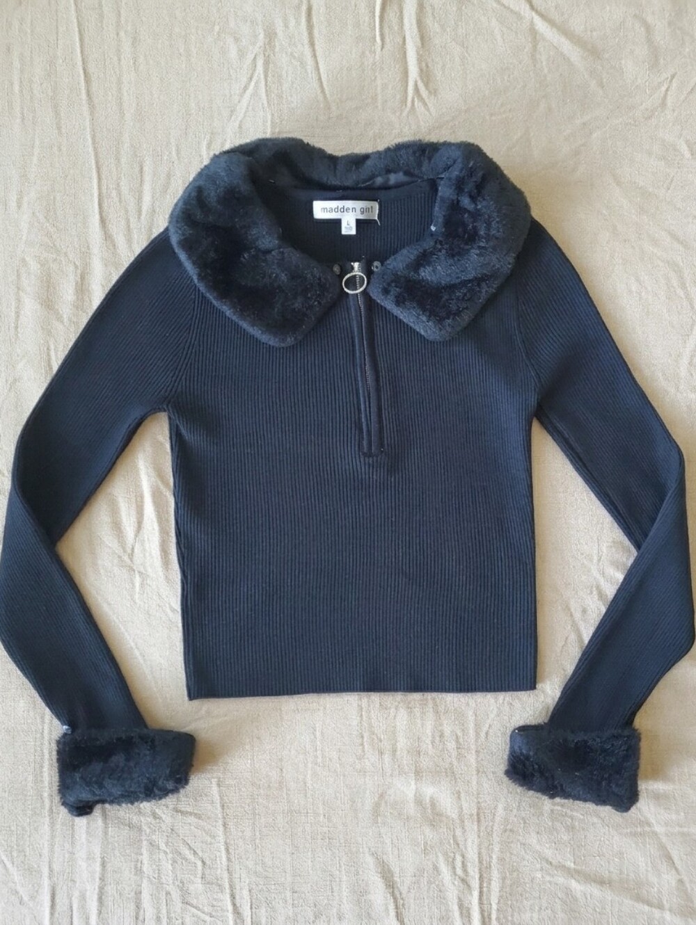 Madden Girl Faux Fur Collar Wide Rib Zip Up Cardigan Sweater Large